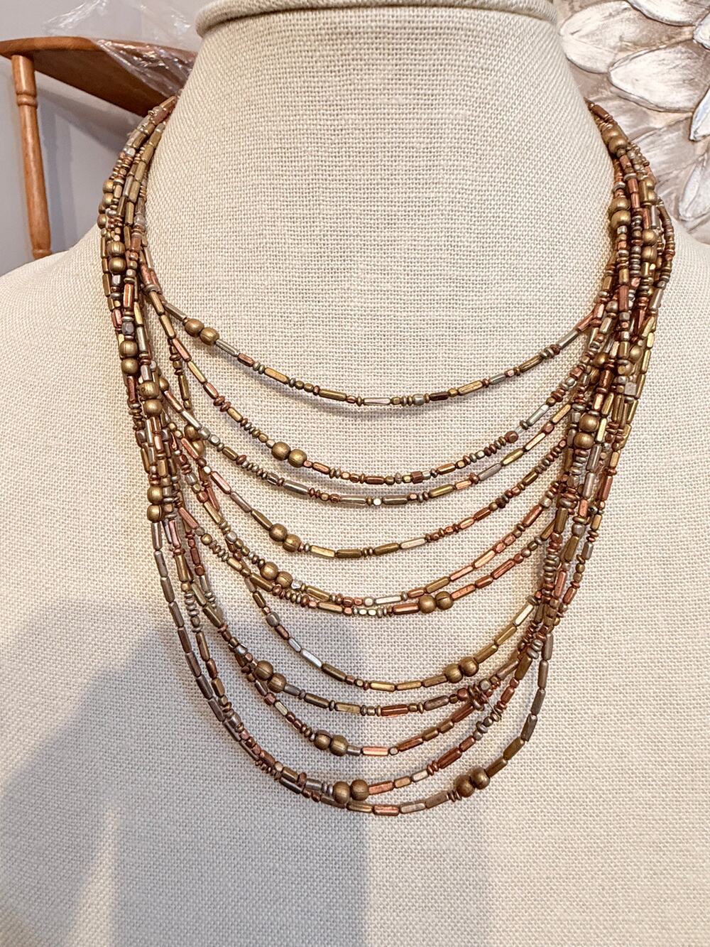 Vintage Multi Strand Mixed Metal Bead Statement Necklace 15”